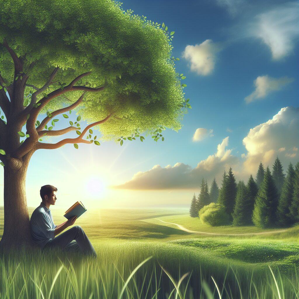 A serene summer landscape with a person sitting calmly under a tree, reading a book, symbolizing mental peace and relaxation.