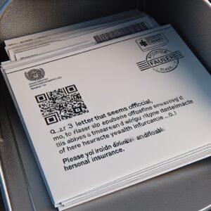 An official-looking letter in a white envelope, with a QR code, lying in a mailbox. The letter looks suspicious and fraudulent, representing a scam attempt from a health insurance perspective.