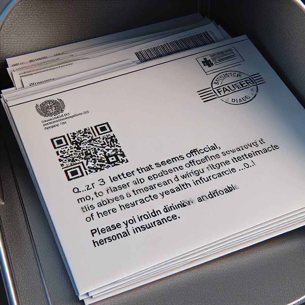 An official-looking letter in a white envelope, with a QR code, lying in a mailbox. The letter looks suspicious and fraudulent, representing a scam attempt from a health insurance perspective.