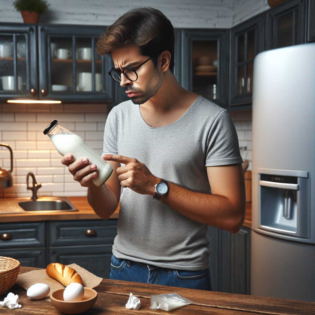 A concerned consumer examining a milk bottle in a kitchen setting, illustrating the importance of product safety and awareness, with a focus on organoleptic quality issues.