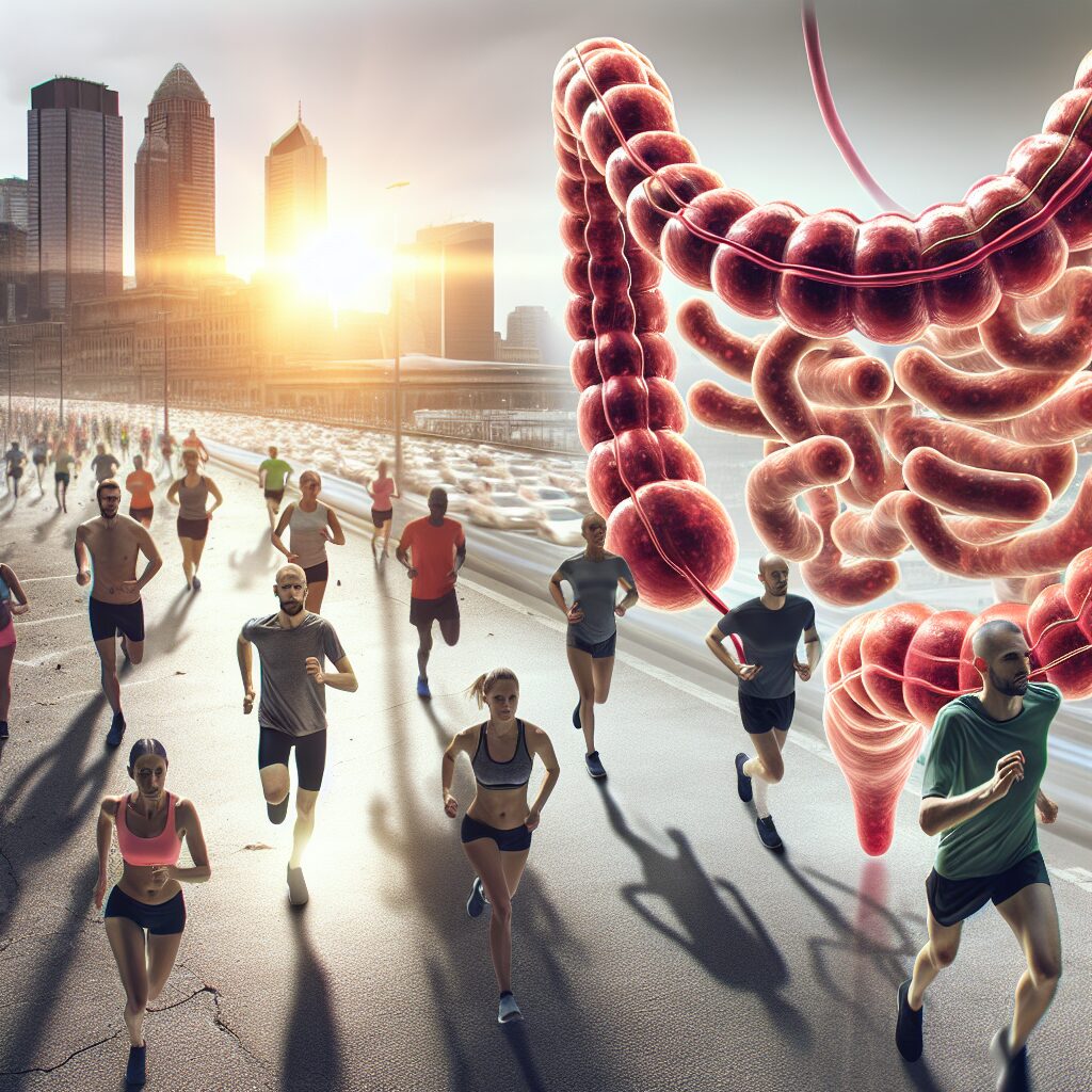 A group of marathon runners, diverse in age and gender, running through a city street on a sunny day. In the foreground, a symbolic depiction of a colon and cancer cells, artistically blended with the scene, suggesting the hidden health risk connected to intense running.