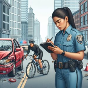 A detailed illustration of a road accident, involving a car and a cyclist, with a police officer taking notes, representing the concept of legal and administrative procedures after an incident.