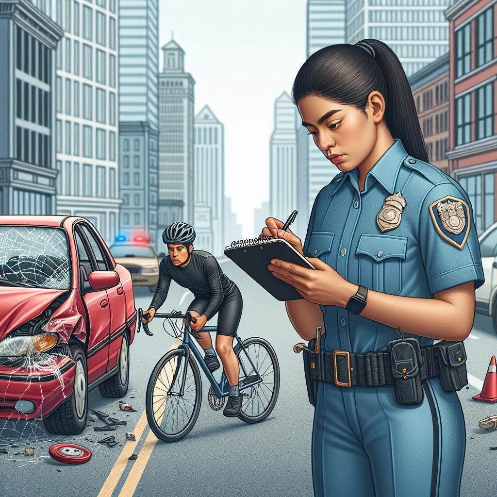 A detailed illustration of a road accident, involving a car and a cyclist, with a police officer taking notes, representing the concept of legal and administrative procedures after an incident.