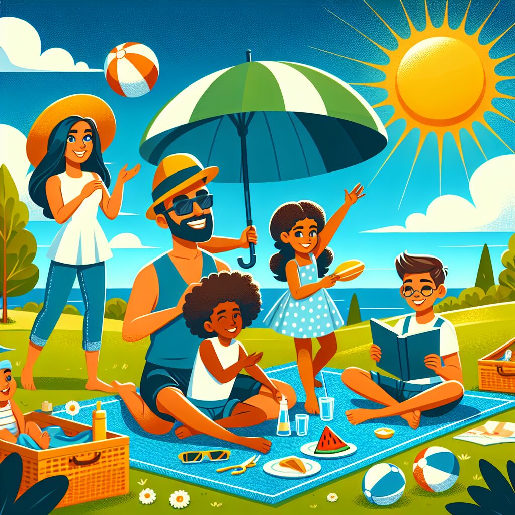 Un paysage estival lumineux avec une famille profitant d'un pique-nique en plein air. Un ciel bleu, un soleil éclatant, et des activités estivales comme se reposer sous un parasol, jouer au ballon, et des enfants se protégeant avec des chapeaux et de la crème solaire.