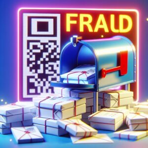 Illustration d'une boîte aux lettres contenant des enveloppes blanches, un QR code en arrière-plan, et un signe d'alerte rouge indiquant la fraude. Style numérique réaliste, couleurs vives.