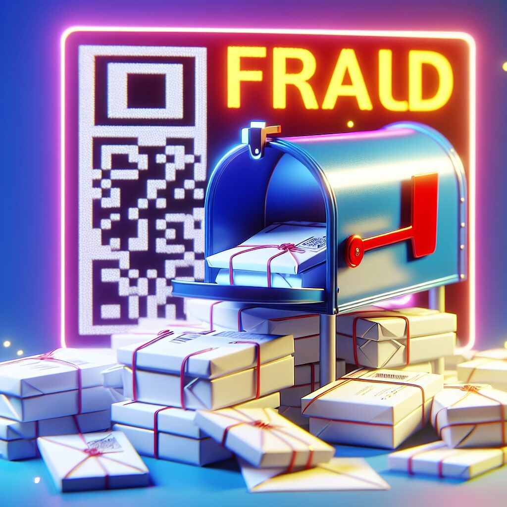 Illustration d'une boîte aux lettres contenant des enveloppes blanches, un QR code en arrière-plan, et un signe d'alerte rouge indiquant la fraude. Style numérique réaliste, couleurs vives.