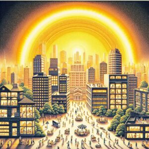 A vivid illustration depicting the sun shining brightly over a cityscape, with people practicing heatwave safety measures like drinking water, staying in the shade, and checking weather updates on their phones.