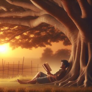 A peaceful summer scene with a person relaxing under a tree, reading a book, with a background of soft sunset colors. The image conveys a sense of calm and mental well-being, illustrating self-care during summer.