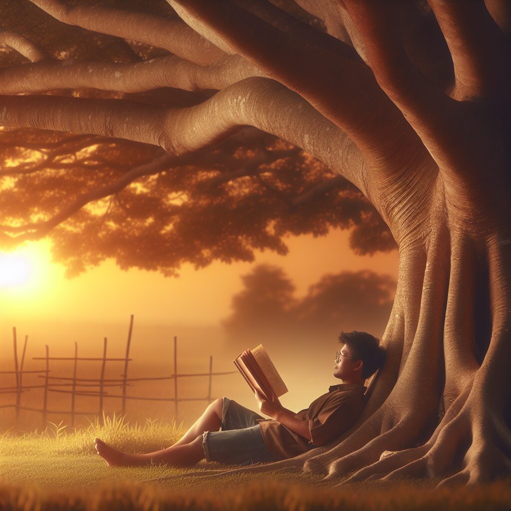 A peaceful summer scene with a person relaxing under a tree, reading a book, with a background of soft sunset colors. The image conveys a sense of calm and mental well-being, illustrating self-care during summer.