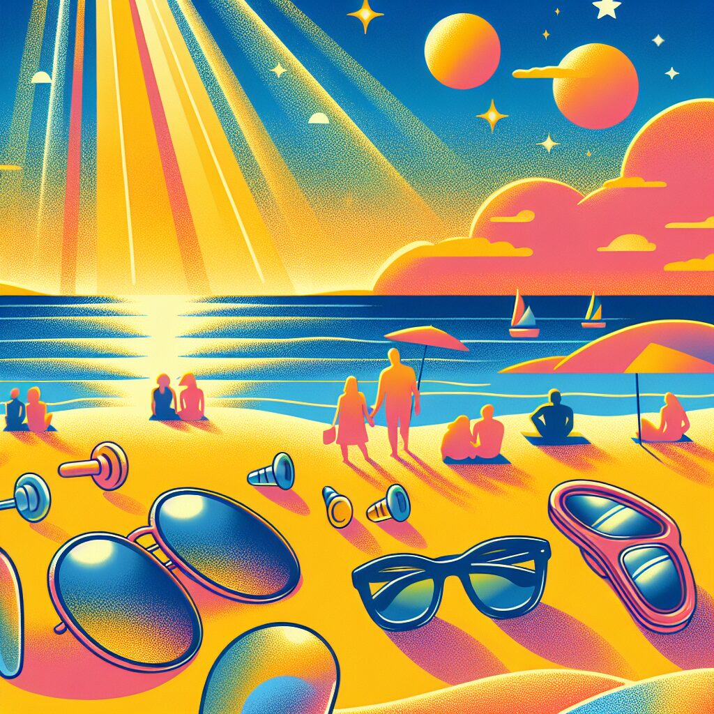 A vibrant summer scene with protective gear for eyes and ears, such as sunglasses and earplugs, with a sunny beach background, emphasizing health and safety.