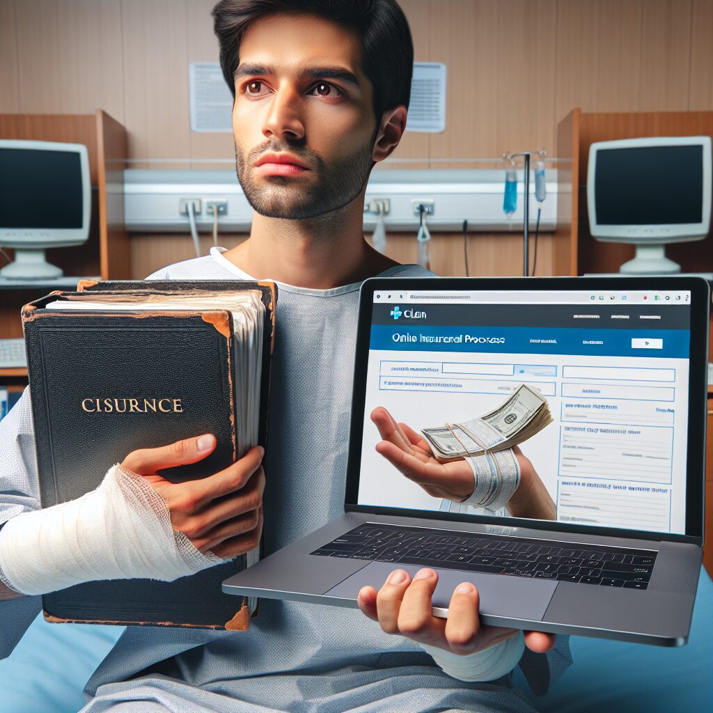 A traveler in a hospital abroad, holding medical documents, and using a laptop with the Ameli website open. Illustrate the concept of online reimbursement processes, with both digital and real-world elements.