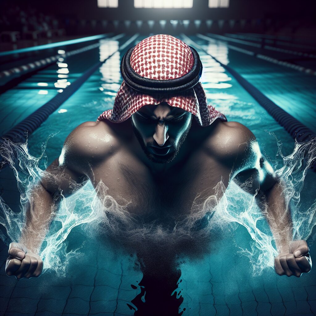 Un jeune athlète en train de nager intensément dans une piscine, entouré d'une aura sombre symbolisant le stress et la pression. L'image doit capturer l'équilibre entre la passion du sport et ses effets négatifs sur la santé mentale.