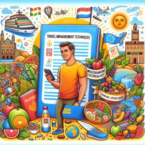 A vibrant and engaging illustration showcasing various aspects of managing diabetes during travel. The image includes elements like a passport, healthy foods associated with a Mediterranean diet, and a joyful, active individual similar to Jacques sharing his tips. The background suggests a travel theme, with a sunny, summer atmosphere and hints of different cultures or destinations. Elements should evoke themes of health awareness, empowerment, and global exploration, appealing to those living with diabetes.