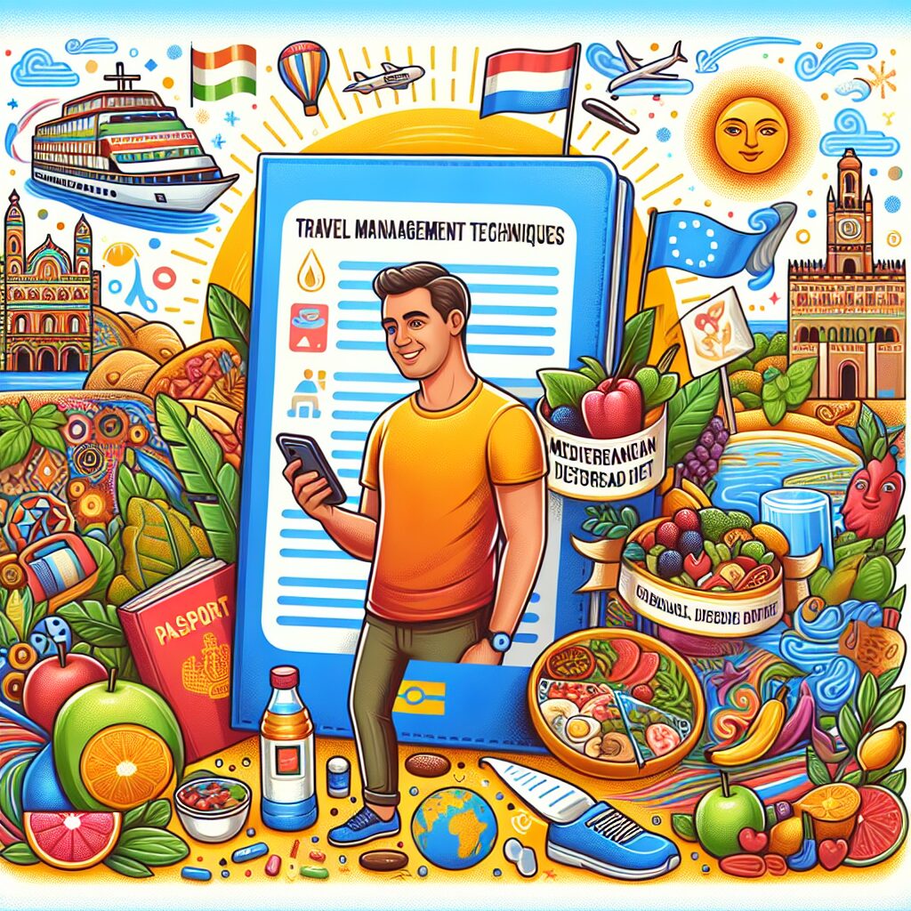 A vibrant and engaging illustration showcasing various aspects of managing diabetes during travel. The image includes elements like a passport, healthy foods associated with a Mediterranean diet, and a joyful, active individual similar to Jacques sharing his tips. The background suggests a travel theme, with a sunny, summer atmosphere and hints of different cultures or destinations. Elements should evoke themes of health awareness, empowerment, and global exploration, appealing to those living with diabetes.