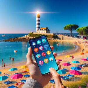 A French seaside vacation setting with a smartphone displaying various health apps icons such as a digital health card, health tracker, and chatbot. The background includes a beach scene with umbrellas and a distant lighthouse under a clear blue sky.