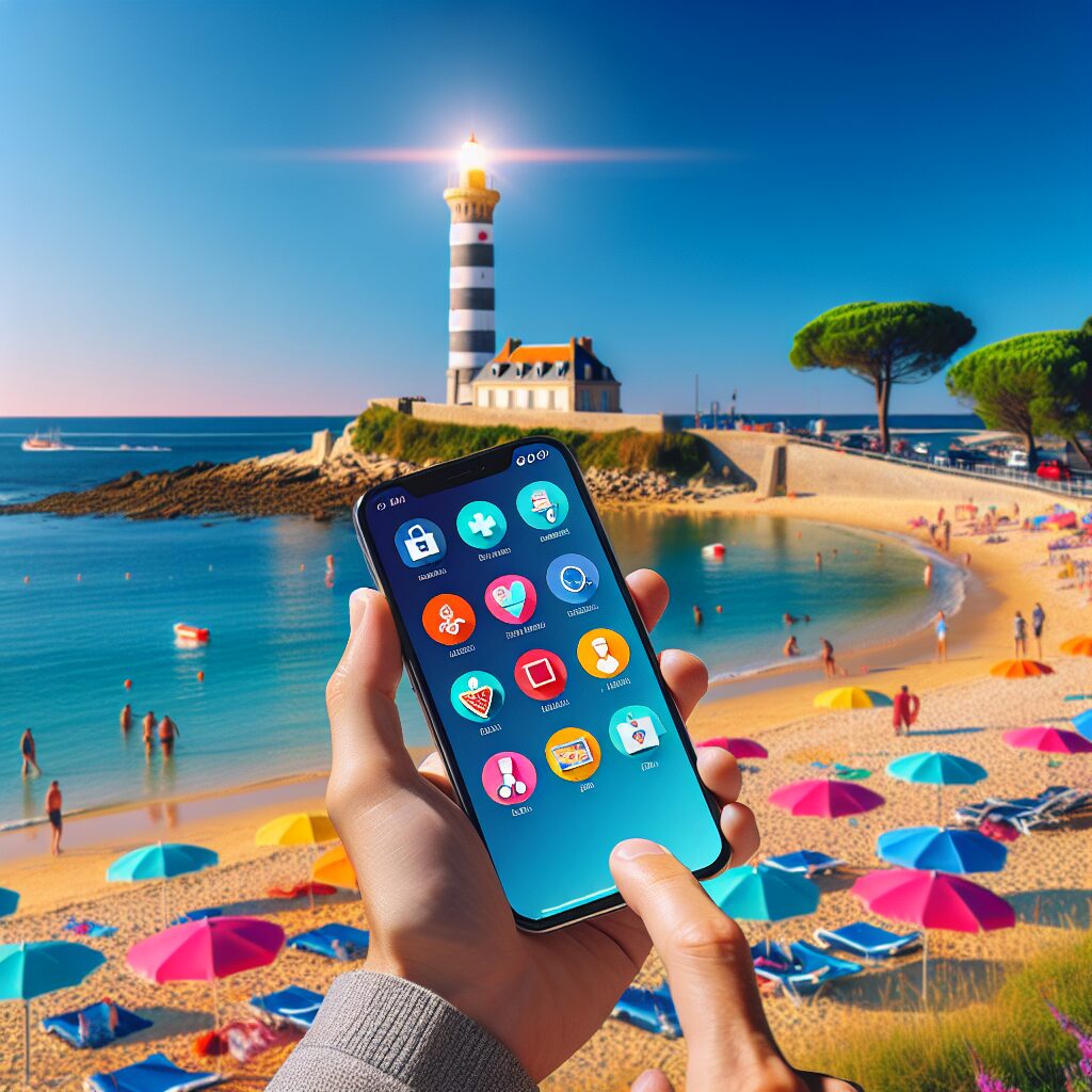 A French seaside vacation setting with a smartphone displaying various health apps icons such as a digital health card, health tracker, and chatbot. The background includes a beach scene with umbrellas and a distant lighthouse under a clear blue sky.
