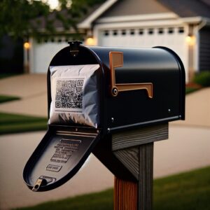 A close-up of a mailbox with a suspicious white envelope and a hidden QR code, set in a suburban neighborhood, symbolizing vigilance against fraud.