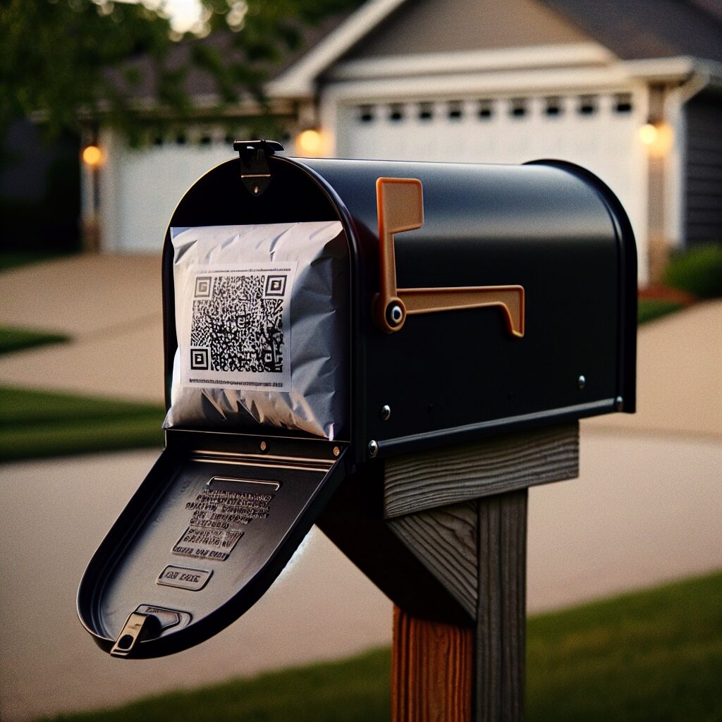 A close-up of a mailbox with a suspicious white envelope and a hidden QR code, set in a suburban neighborhood, symbolizing vigilance against fraud.