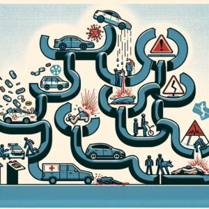 A symbolic image of a chain reaction or domino effect illustrating the concept of accountability and responsibility, with elements representing various types of accidents (car crash, animal bite, medical error, etc.).