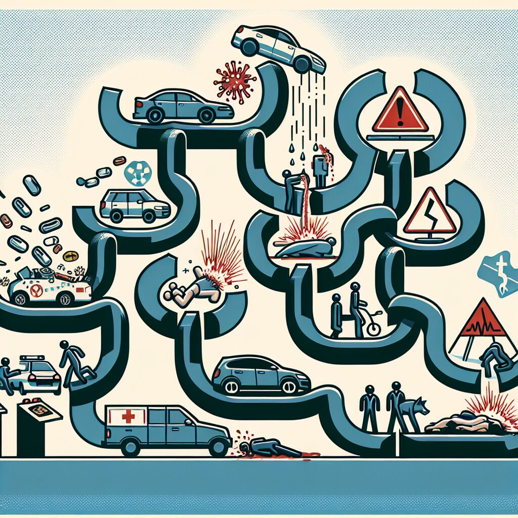 A symbolic image of a chain reaction or domino effect illustrating the concept of accountability and responsibility, with elements representing various types of accidents (car crash, animal bite, medical error, etc.).