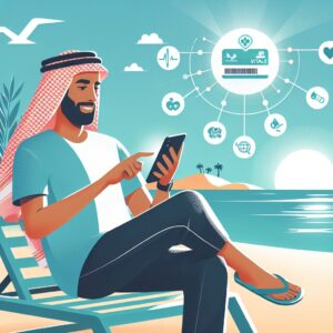 Illustration d'une personne détendue à la plage, utilisant un smartphone pour consulter une application de santé connectée, avec des éléments symboliques comme la carte Vitale et des services de santé numériques flottant autour.