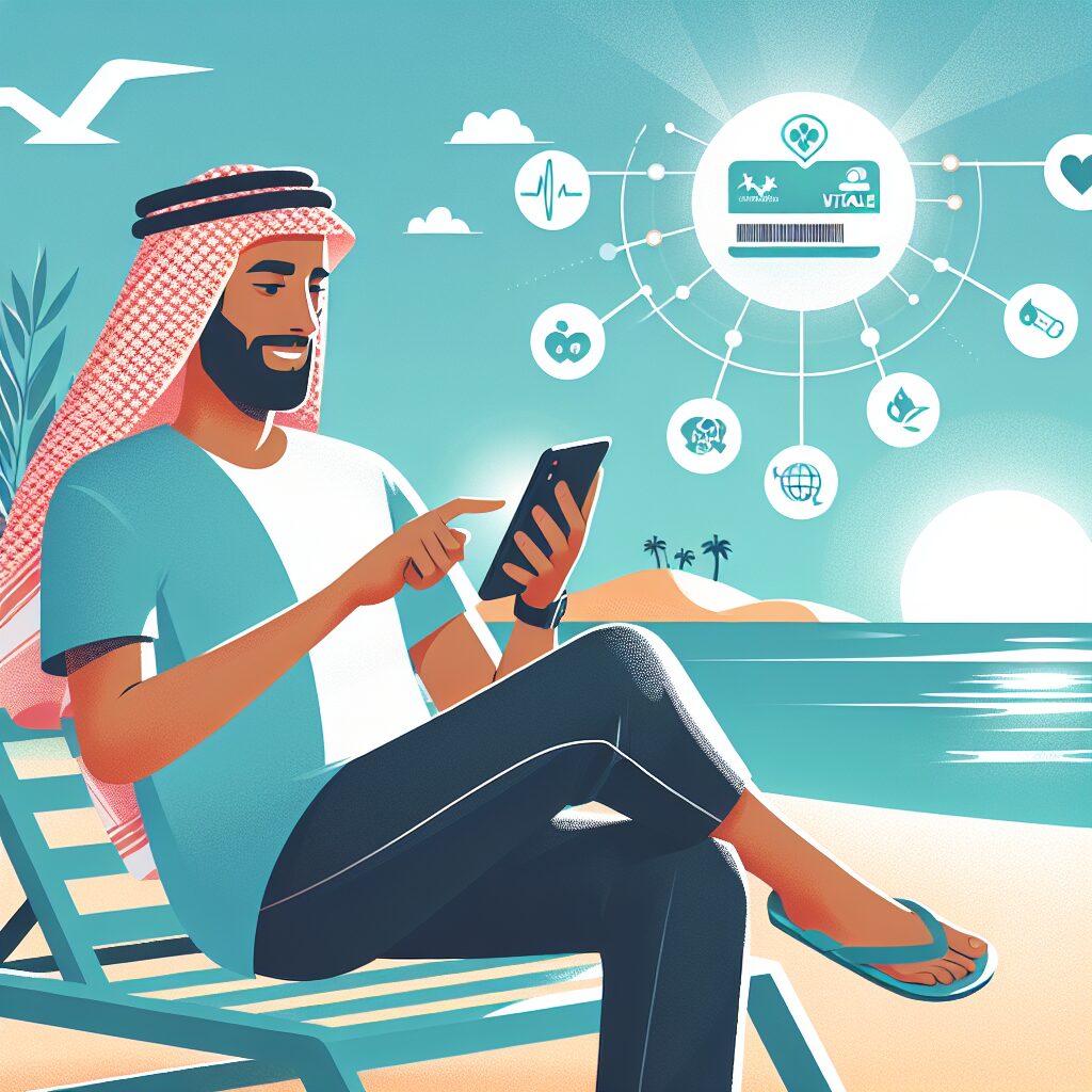 Illustration d'une personne détendue à la plage, utilisant un smartphone pour consulter une application de santé connectée, avec des éléments symboliques comme la carte Vitale et des services de santé numériques flottant autour.