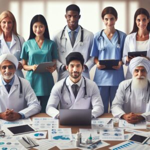 Image montrant une équipe de professionnels de santé discutant autour d'une table remplie de documents et de graphiques, symbolisant la recherche scientifique et les interventions pratiques en santé publique.