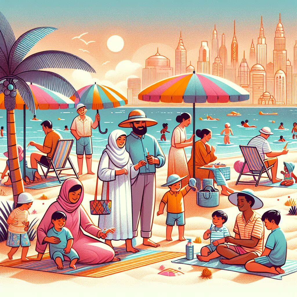 A scenic summer beach view with people relaxing under umbrellas, children playing, and a family having a picnic, all enjoying the sun safely with hats and sunscreen.