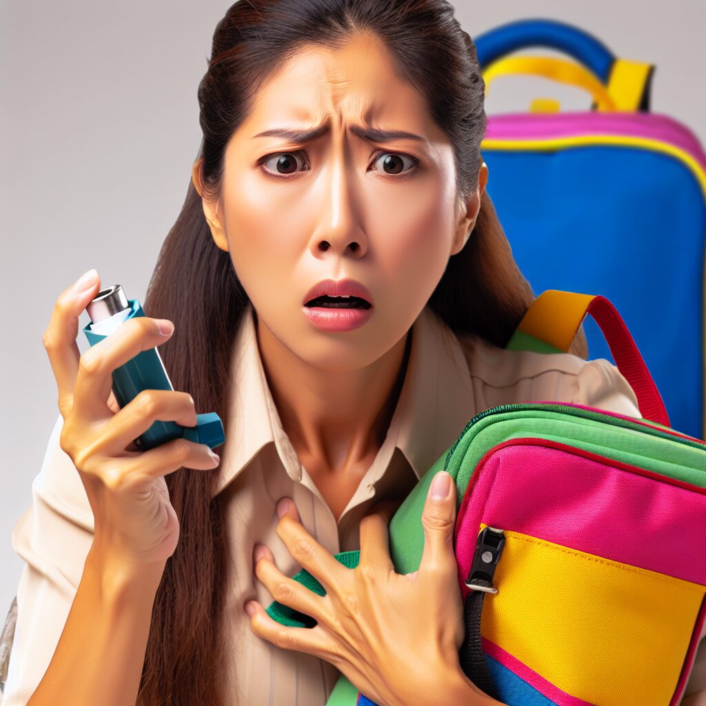 A worried parent holding an asthma inhaler, with a school bag in the background, symbolizing the start of the school year and health precautions for children with asthma.