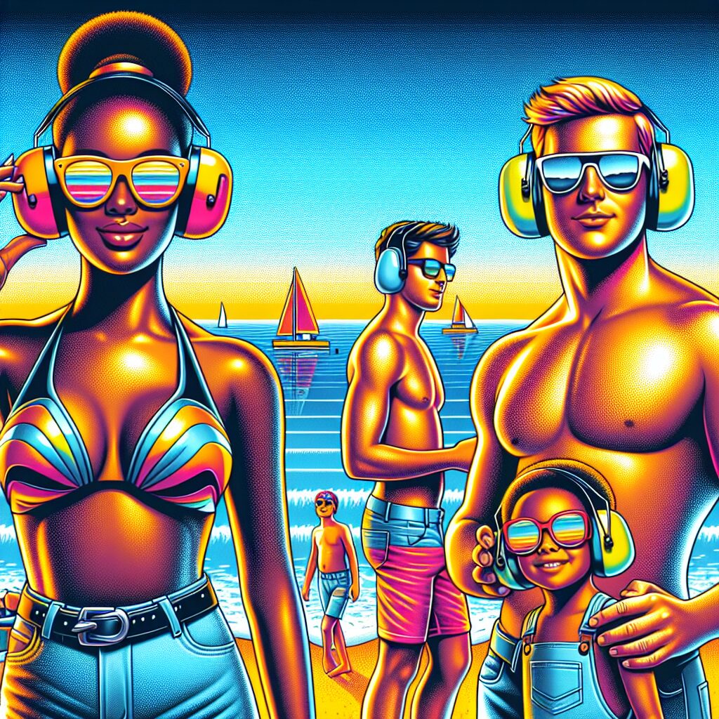 A vibrant summer scene depicting people wearing sunglasses and ear protection at the beach, with clear skies, a shining sun, and serene ocean waves, emphasizing health protection through joyful leisure activities.