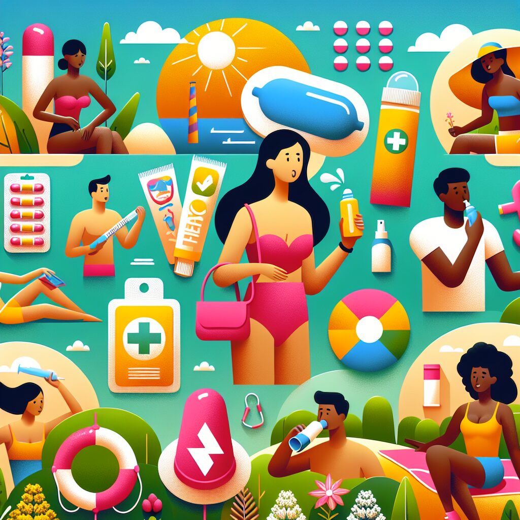 A summer landscape with people enjoying outdoors safely, featuring icons representing health precautions like sunscreen, water for hydration, and medical symbols like condoms and inhalers for allergies. Vibrant and informative.
