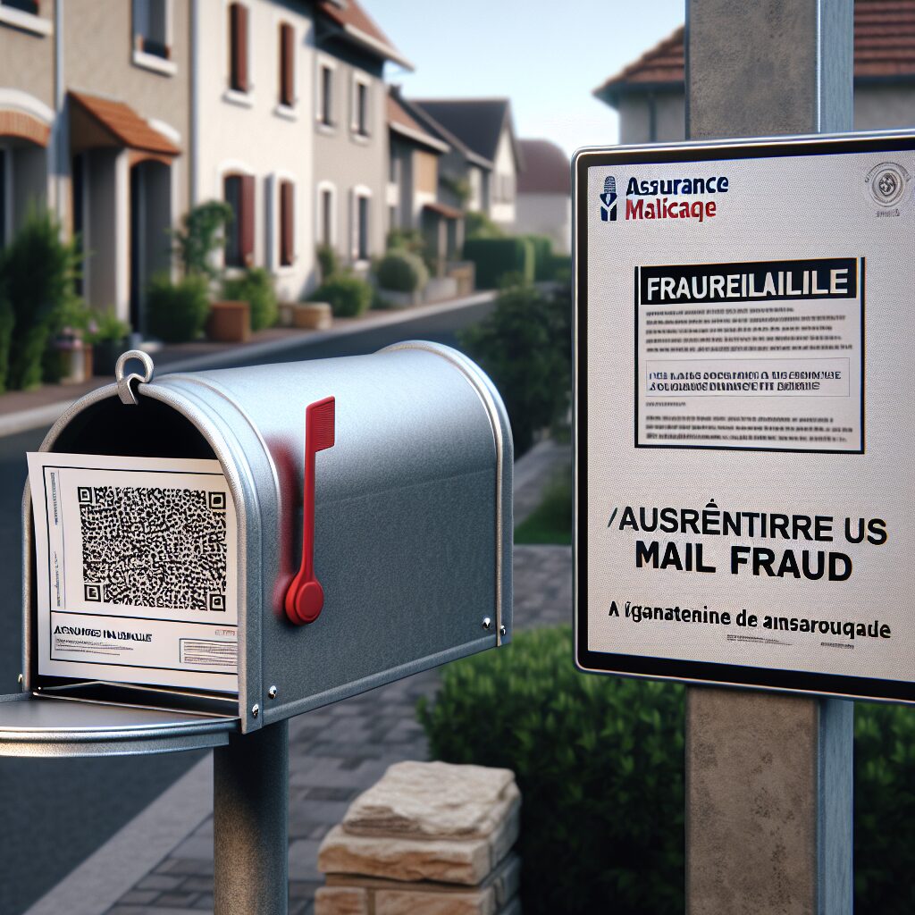 A realistic image depicting a mailbox with a fraudulent letter inside, showing a QR code, and a warning sign from Assurance Maladie. The setting is a typical residential street in France, highlighting the theme of vigilance against mail fraud.