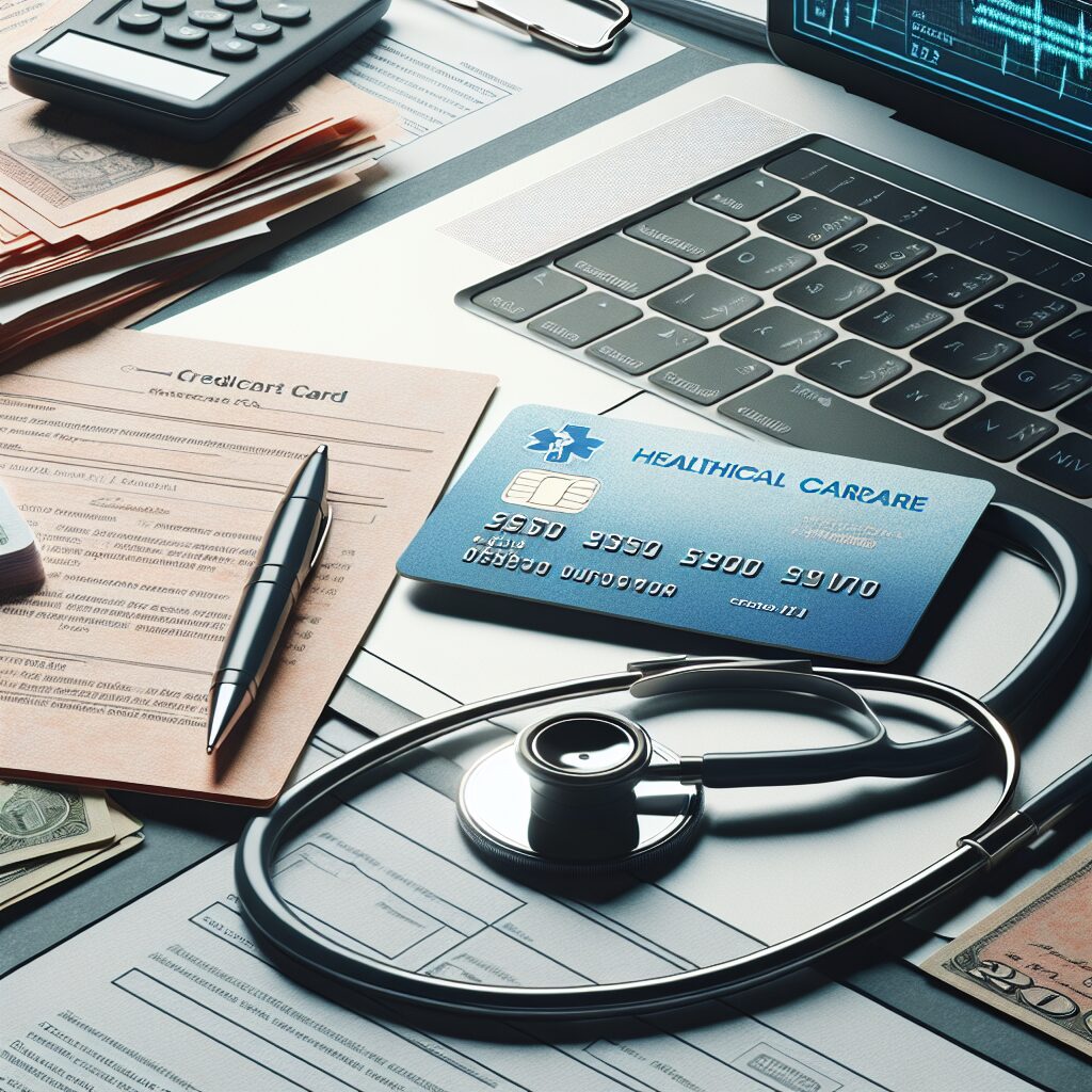 Une illustration montrant une carte de crédit, des documents médicaux, et un ordinateur portable affichant le site ameli, symbolisant le processus de remboursement de soins médicaux reçus à l'étranger.