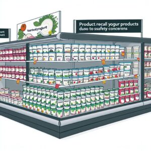 Image d'un supermarché avec un rayon de produits laitiers, des yaourts végétaux de marque Andros mis en évidence, accompagnés d'affiches de rappel produit indiquant un retrait du marché pour des raisons de sécurité.