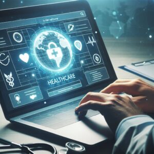 A person using a laptop, accessing their ameli account on a bright, user-friendly interface, with symbols of international healthcare, like a globe and a stethoscope.