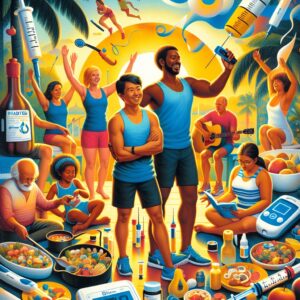 A colorful and engaging magazine cover depicting a diverse group of people engaging in healthy activities, including sports and cooking. A sunny holiday backdrop with elements symbolizing diabetes awareness, such as insulin pens and glucose meters. Warm, bright colors convey a sense of wellness and vitality.