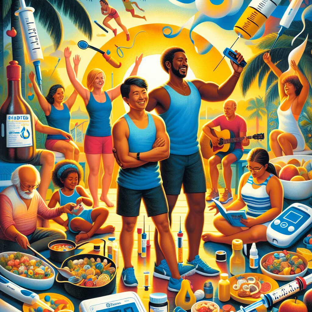 A colorful and engaging magazine cover depicting a diverse group of people engaging in healthy activities, including sports and cooking. A sunny holiday backdrop with elements symbolizing diabetes awareness, such as insulin pens and glucose meters. Warm, bright colors convey a sense of wellness and vitality.