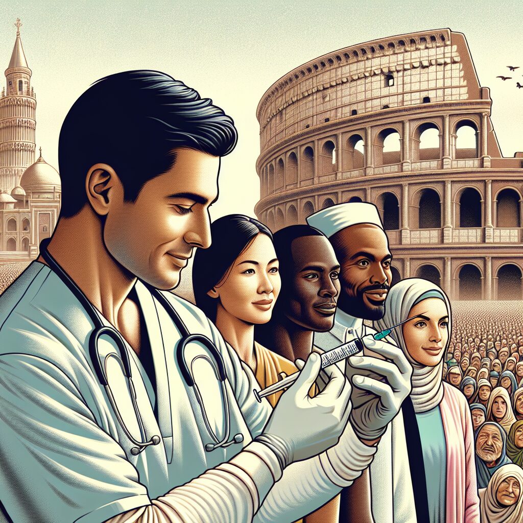 A medical illustration showing a nurse administering an injection to a diverse group of people, symbolizing accessibility of healthcare. Modern, hopeful atmosphere with European landmarks in the background to suggest the European approval of the treatment.