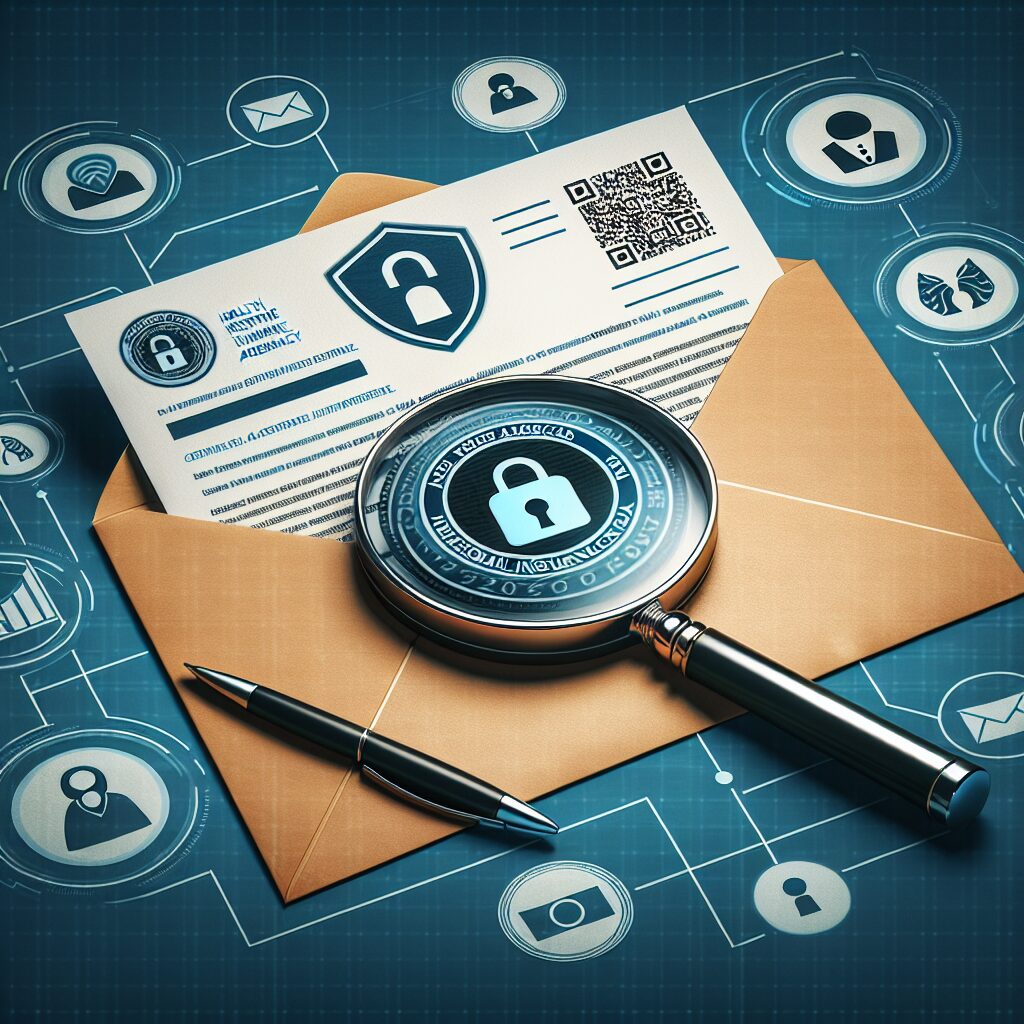 Un courrier suspect avec un faux logo de l'Assurance Maladie, une loupe montrant un QR code, et des icônes de données personnelles en arrière-plan, symbolisant la vigilance et la protection.