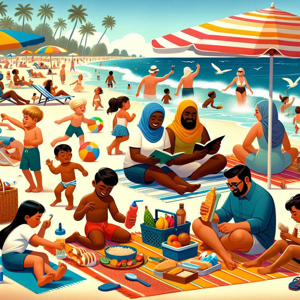 A sunny beach scene with families enjoying various activities - children playing, people relaxing under umbrellas, someone reading a book, a picnic setup; vibrant and colorful, depicting a safe and enjoyable summer atmosphere.