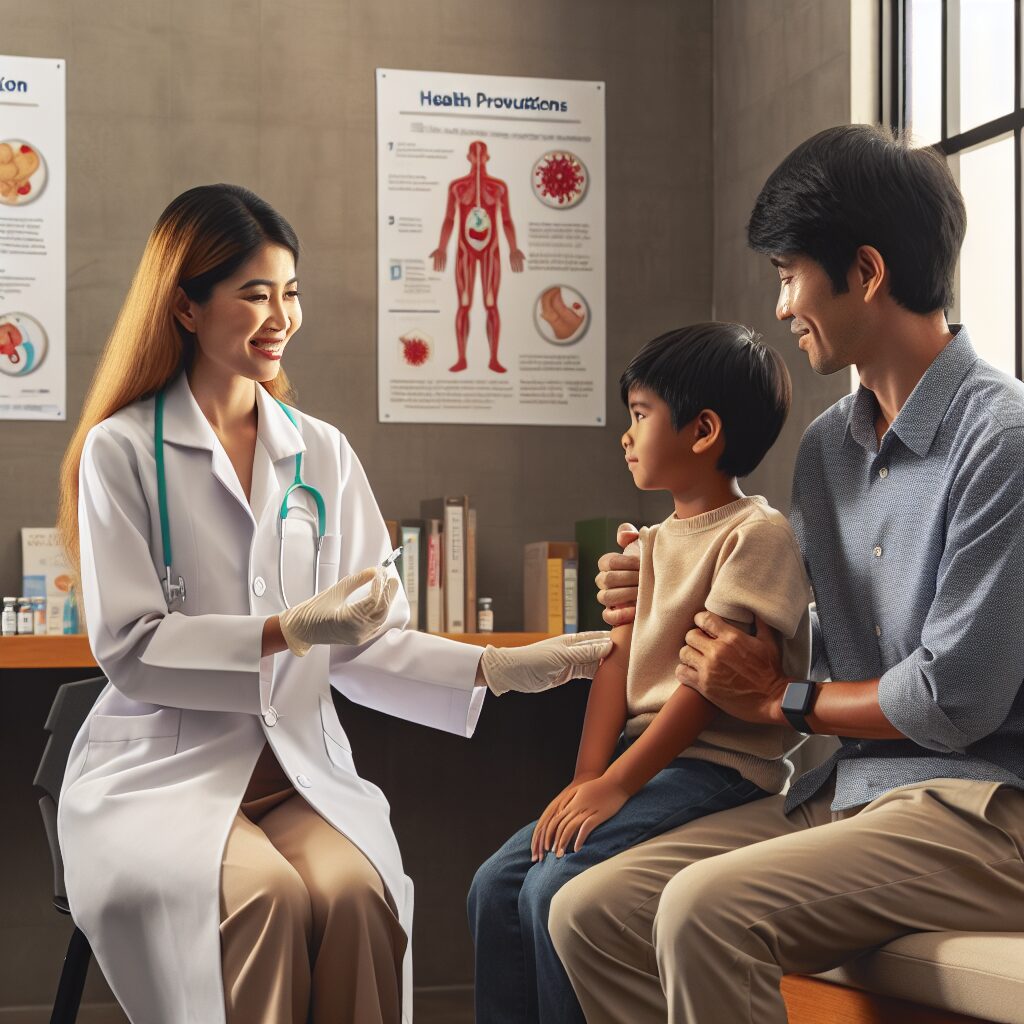 A serene, protective image of a parent and child visiting a healthcare professional for vaccination. The setting is warm and welcoming, with posters about health and prevention in the background. The focus is on the comforting interaction, emphasizing safety and care.