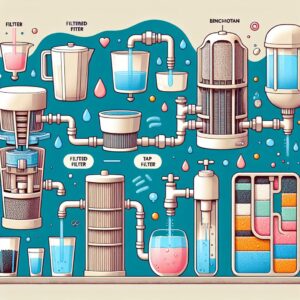 Illustration de divers types de filtres à eau tels que carafes filtrantes, filtres sur robinet, charbon binchotan, osmoseurs, avec une vue éclatée montrant leur fonctionnement interne et les différentes couches de filtration.