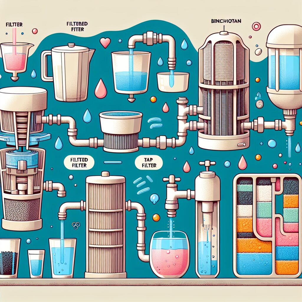 Illustration de divers types de filtres à eau tels que carafes filtrantes, filtres sur robinet, charbon binchotan, osmoseurs, avec une vue éclatée montrant leur fonctionnement interne et les différentes couches de filtration.