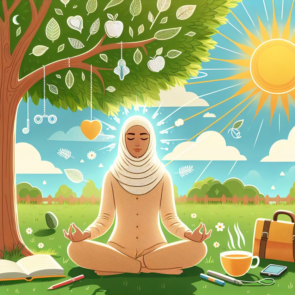 Un paysage estival ensoleillé, avec une silhouette sereine méditant sous un arbre, entourée de symboles de bien-être mental tels que des livres, des écouteurs et une tasse de thé.
