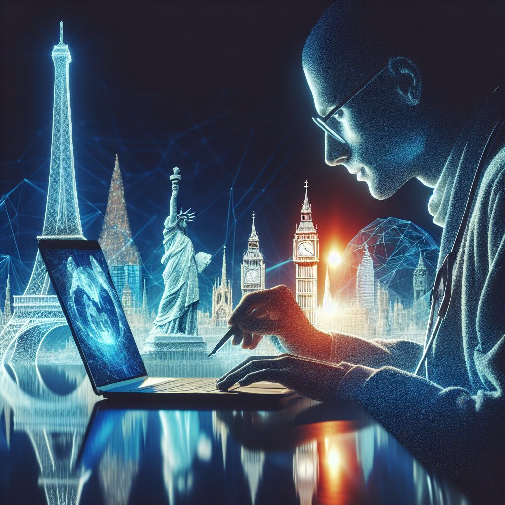 A French individual using a laptop, navigating the ameli website, with a background showing iconic global landmarks like the Eiffel Tower, Big Ben, and the Statue of Liberty, symbolizing international healthcare.