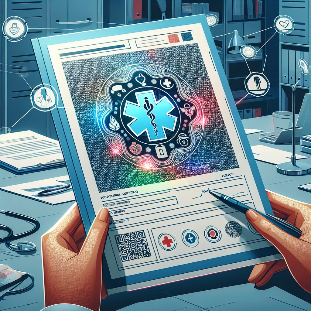 Illustration showing a secured paper form with holographic elements and magnetic ink, representing a medical leave document, surrounded by medical symbols and a sense of security and protection against fraud, in a modern administrative office setting.