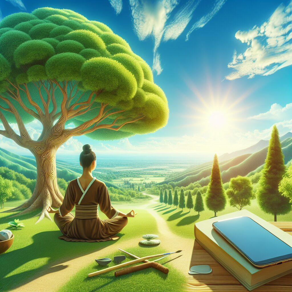 A peaceful summer landscape with a serene person meditating under a large tree, symbolizing mental wellness and tranquility, surrounded by elements like a sun, book, and smartphone to represent staying connected and informed.