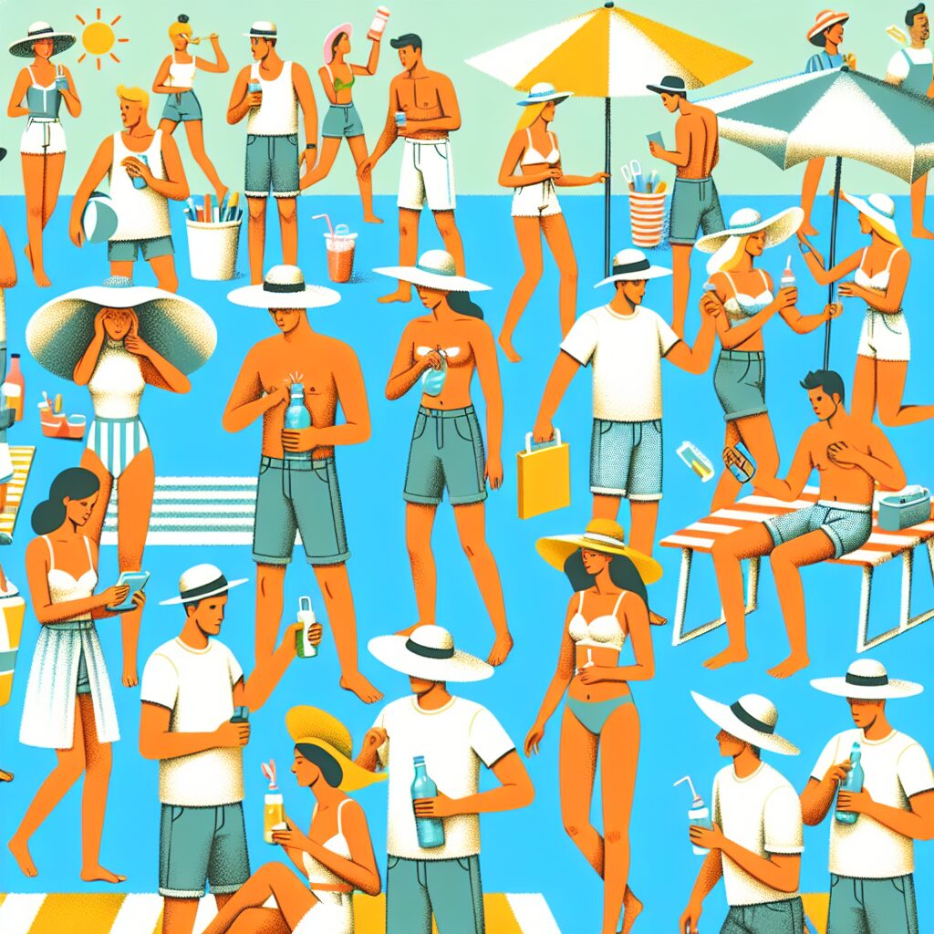 A vibrant summer scene depicting people enjoying outdoor activities while taking health precautions, like wearing sunhats, staying hydrated, and applying sunscreen. Illustrate the essence of a healthy and joyous summer.