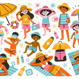 Illustration vibrant summer scene with people enjoying outdoors, kids playing under sun with hats, parents relaxing under shade, healthcare symbols like sunscreen, water bottles, and first aid kits, bright colors, cheerful vibe, family-oriented.