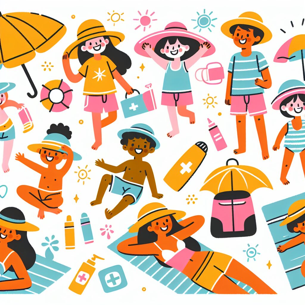 Illustration vibrant summer scene with people enjoying outdoors, kids playing under sun with hats, parents relaxing under shade, healthcare symbols like sunscreen, water bottles, and first aid kits, bright colors, cheerful vibe, family-oriented.